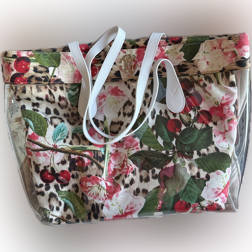 ROBERTO CAVALLI Clear Tote Bag Animal Leopard Floral Print Pouch Insert Like New